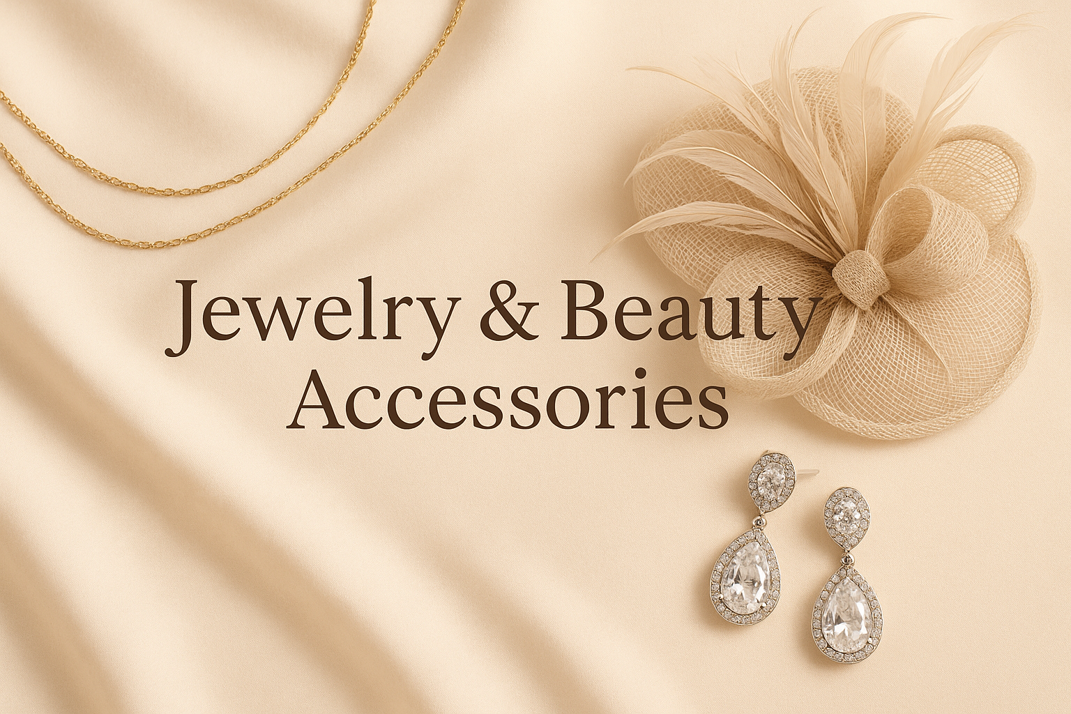 Please generate a banner image containing the words Jewelry & Beauty Accessories with beige or creamy back ground. Please include images of Jewelries: necklaces, earrings, and fascinator hat. please make it attractive for my customers